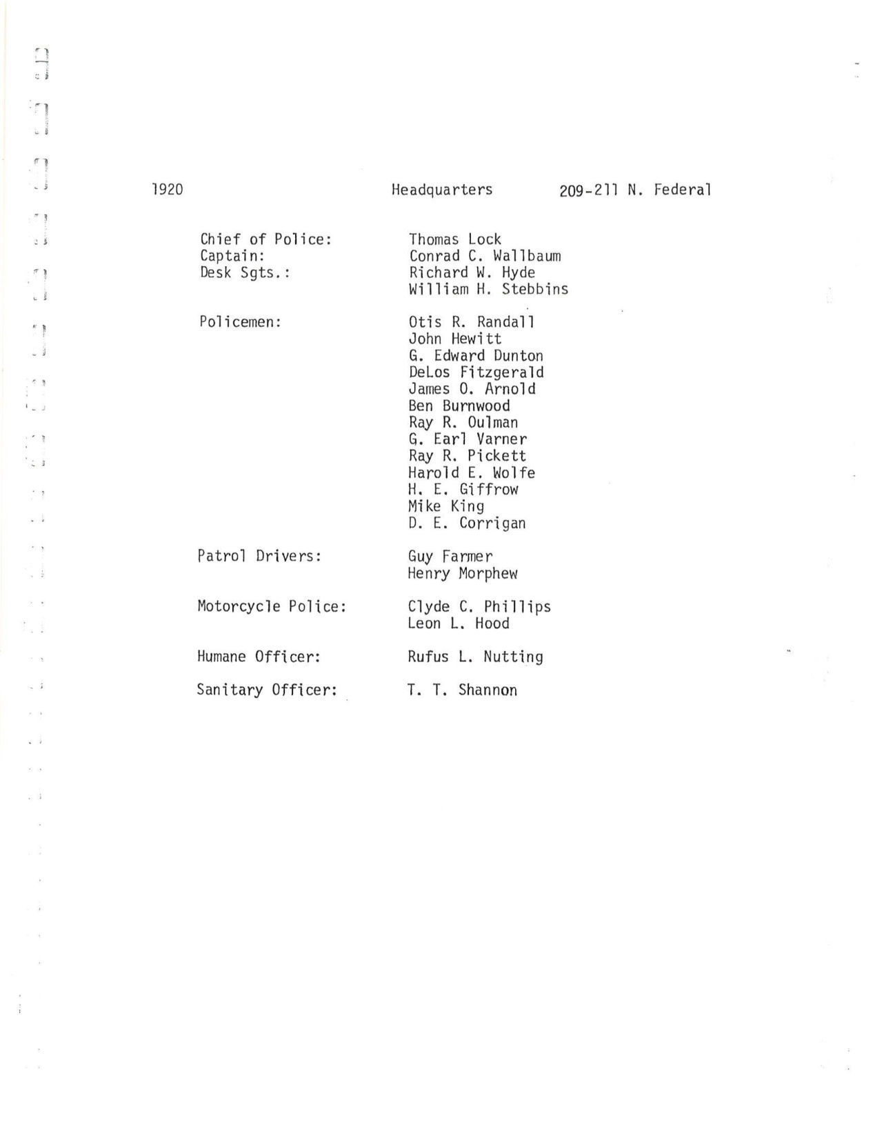 Police roster 1920